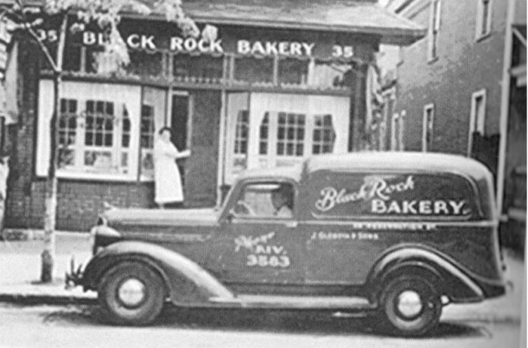 black and white photo of a black rock bakery delivery truck